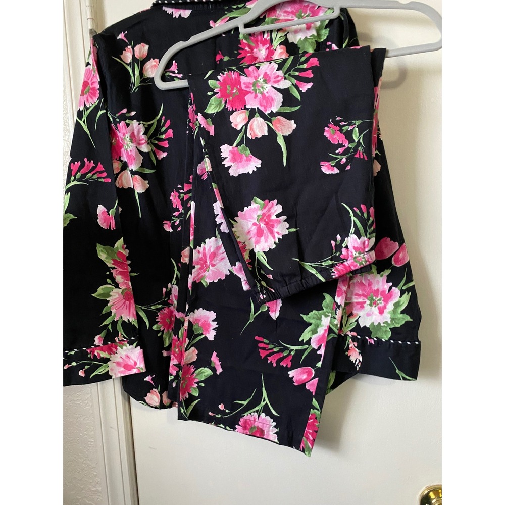 Like New Chaps Womens Floral Pajama Set Black Pink Cotton Long Sleeve Large - Picture 2 of 5
